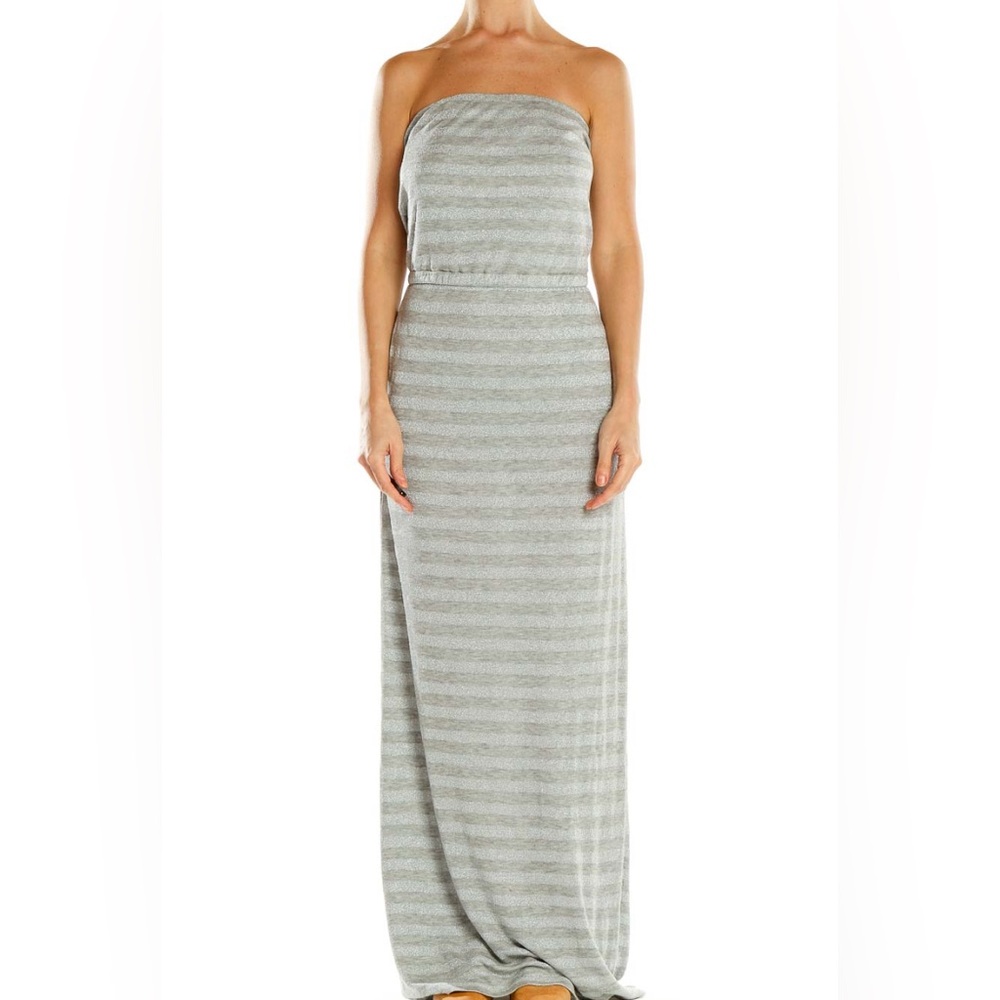 NWOT White House Black Market Gray Glitter Strapless Stripe Maxi Dress Size S